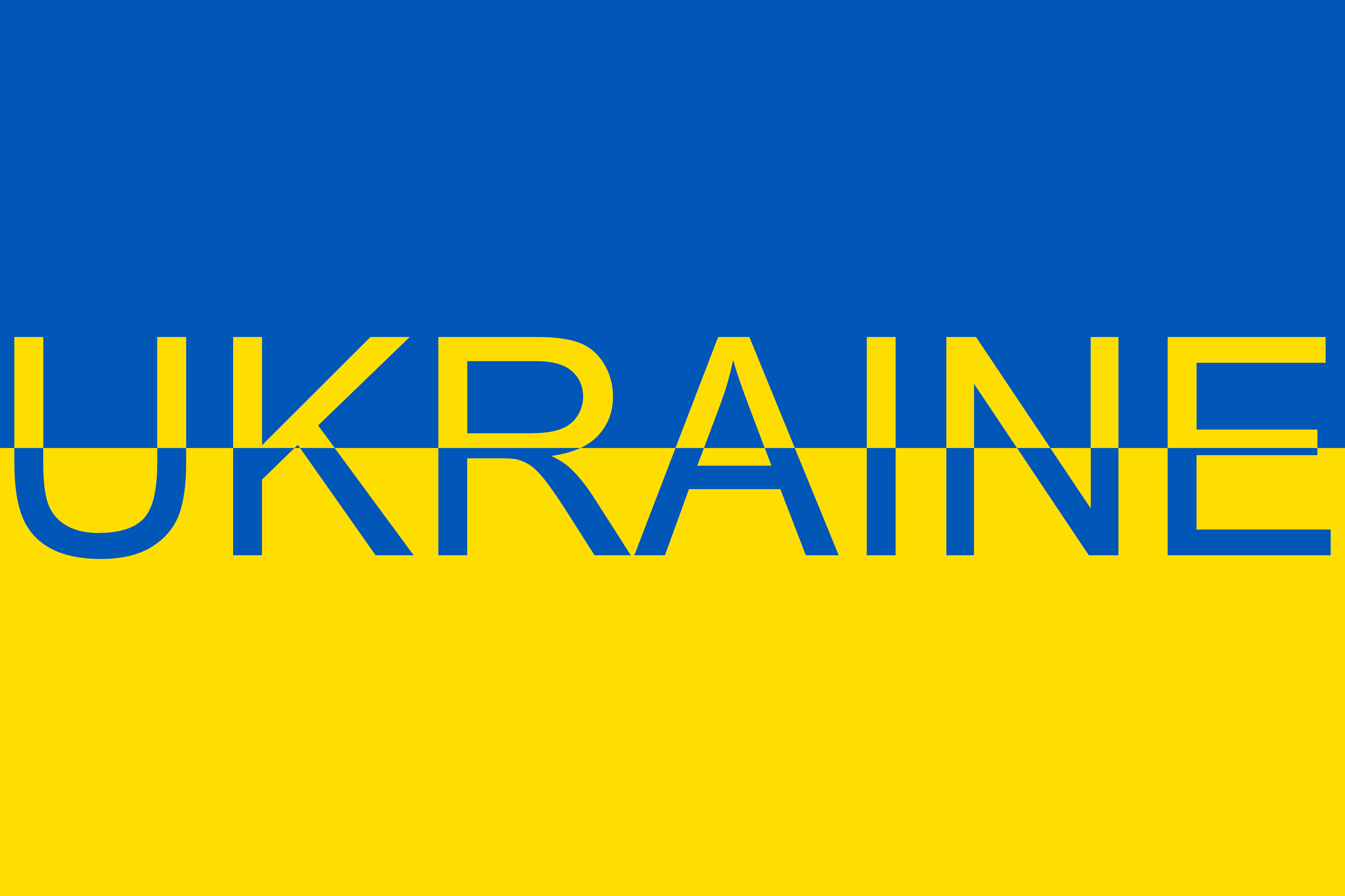 Ukraine Flagge mit Schriftzug "Ukraine" Das Bild zeigt die Nationalflagge der Ukraine, die aus zwei horizontalen Streifen besteht: oben blau und unten gelb. In der Mitte des Bildes steht das Wort "UKRAINE", wobei die Buchstaben die Farben der Flagge widerspiegeln.